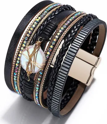 Produktbild von Geflochtenes Lederarmband mit Boho-Lederwicklung und schwarzen Riemen