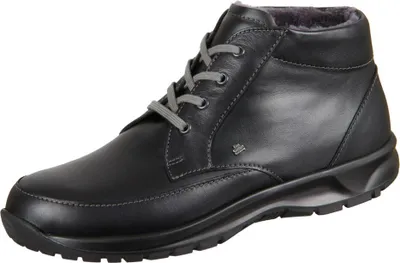 A black leather boot with grey laces and a grey sole, shown against a white background.