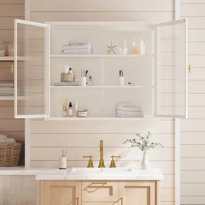 Productafbeelding van MODFU Wandkast, hangende kast met drievoudige opbergruimte, badkamerkast, dressoir voor woonkamer en badkamer, wit
