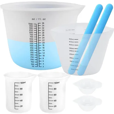 Immagine prodotto di Set di misurini in silicone, 6 pezzi, con spatole per mescolare, ideali per resina epossidica. Capacità: 1000 ml, 500 ml, 100 ml, 15 ml