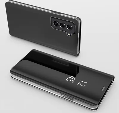 A black flip case for a smartphone is shown from two angles against a light gray background. The case has a clear front cover that displays the time.