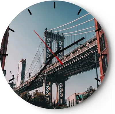 Produktbild von Wanduhr - Rund - Glasuhr - Manhattan Brücke Brücke - 30x30cm - Schleichendes Uhrwerk - Lautlos - zum Aufhängen bereit - Dekoration Modern - Wanddekoration aus Glas - C3AR30x30-4675