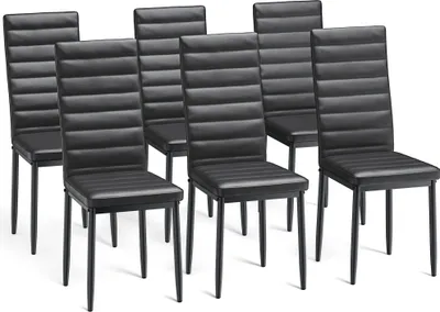 A set of six black dining chairs arranged in a row against a white background.