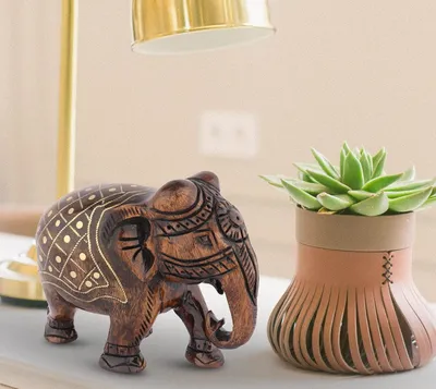 Productafbeelding van Houten Olifant Decoratie - Oosters Handwerk - Woonkamer Aankleden - Traditioneel Tarkashi Kunst - 14 x 11 cm - Bruin