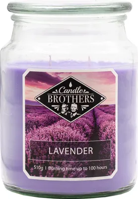 Zdjęcie produktu dla Świeca zapachowa Candle Brothers Lavender, świeca w szklanym słoiku, 2 knoty, 510 g, czas palenia 100 godzin, świeca zapachowa do wnętrz, fioletowa