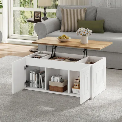 Produktbild von Merax Höhenverstellbarer Wohnzimmer-Couchtisch, Beistelltisch mit Stauraum und 2 Schranktüren, Sofatisch, Multifunktional, Naturholz + Weiß