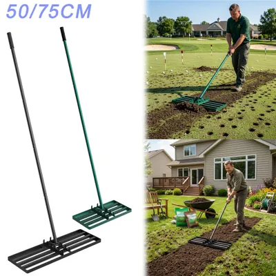Produktbild von YARDIN Garten Rasenharke Schwarz 75x25cm, höhenverstellbare Edelstahlharke für Bodennivellierung im Garten und auf Golfplätzen
