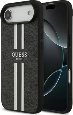 Image de Étui pour téléphone portable iPhone 17 Air Guess MagSafe similicuir gris logo rayures