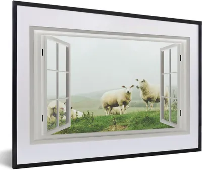 Produktbild von MuchoWow® MuchoWow® Gerahmtes Poster Durchblick - Gras - Schafe 60x40 cm - Poster mit zchwarzem Bilderrahmen - Schlafzimmer - Plakat in Rahmen - Drucken