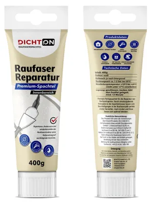 Produktbild von Raufaser Reparatur Spachtel Fertigspachtel in der Tube 2 x 400g, gebrauchsfertiger Wandspachtel für Rauhfaser Tapete, Strukturspachtel innen D.65W