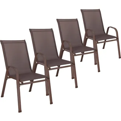 Produktbild von 4er Set Gartenstühle Springos® – Stapelstühle mit Armlehnen, wetterfest, stapelbar Textilene, Metallgestell, für Terrasse und Garten – Braun