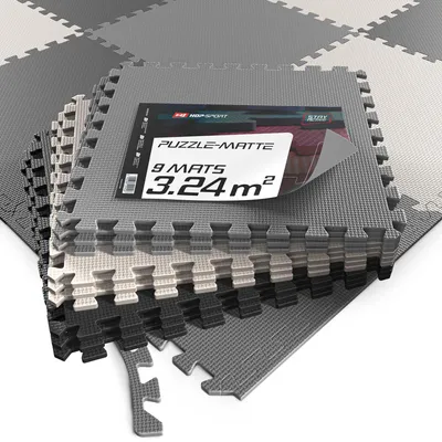 Produktbild von Hop-Sport Puzzlematte 9er Set - Unterlegmatte für Fitnessgeräte als Rutschfester Bodenschutz - Größe 60 x 60 x 1 cm -  Schwarz/Weiß/Grau