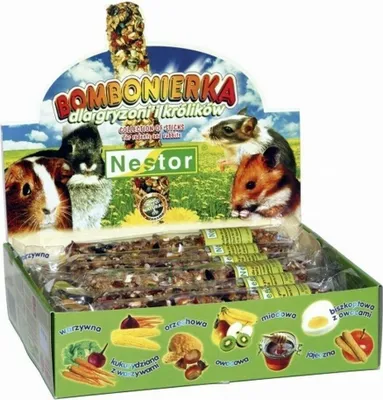 A display box of Nestor brand pet treats for rodents and rabbits, featuring images of small animals and illustrations of ingredients.