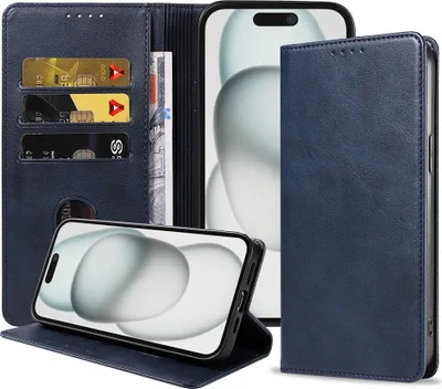 Produktbild von Smartphonica Handytasche passend für iPhone 15 Kunstleder mit Magnetverschluss und Kartenhalter Buchhülle mit Klappe - Blau
