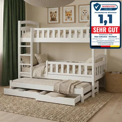Produktbild von Kids Collective Hochbett 90x200 Etagenbett Kinderbett Jugendbett Stockbett 3 Kinder, zwei Schubladen & Rausfallschutz Kinder Bett umbaubar in 3 Einzelbetten | von 4. bis 18. Lebensjahr | inkl. Lattenrosten | weiß