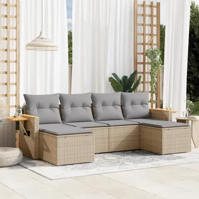 Produktbild von Design 6-tlg. Garten-Sofagarnitur mit Kissen Beige Poly Rattan, Gartenmöbel-Sets 2024 Neu
