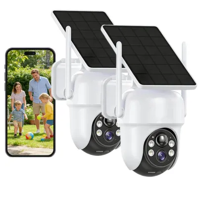 Zdjęcie produktu dla Kamera monitoringu solarna 4MP, Wi-Fi, 360° PTZ, obracana, bezprzewodowa, z panelem słonecznym, kolorowy tryb nocny, dwukierunkowy dźwięk, detekcja ruchu PIR, wodoodporna, zestaw 2 sztuk