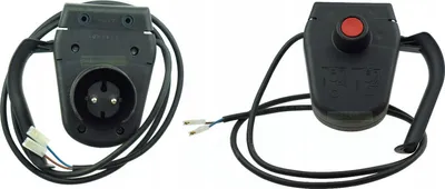 Two views of a black electric lawnmower handle switch with a red button and attached cables, shown against a white background.