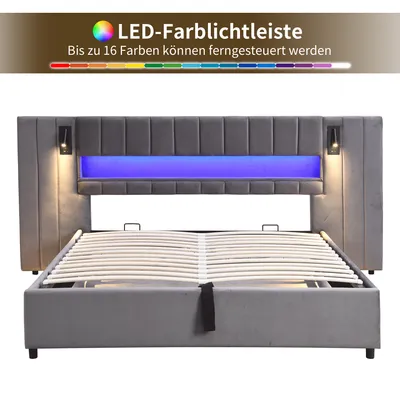 Produktbild von MODFU Polsterbett 180 x 200 cm mit Bettkasten und USB-Anschluss,Funktionbett mit LED-Beleuchtung,Bettgestell ohne Matratze,grau