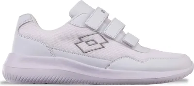A white Lotto sneaker with velcro straps is shown against a white background.