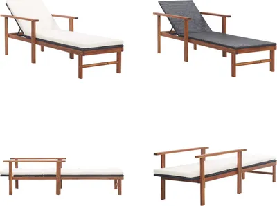 Productafbeelding van vidaXL Zonnebed met kussen, polyrotan, acacia massiefhout, zwart - Tuinstoel - Tuinstoelen - Zonnebed - Zonnebedden