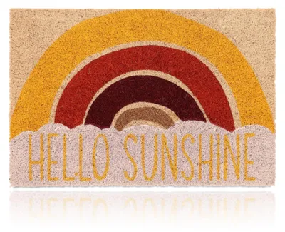 Zdjęcie produktu dla Wycieraczka Relaxdays z włókna kokosowego, model Hello Sunshine, 40 x 60 cm, antypoślizgowa, odporna na warunki atmosferyczne, do użytku wewnątrz i na zewnątrz, kolorowa, Obraz wygenerowany przez AI