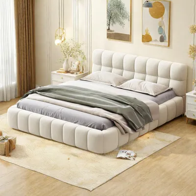 Produktbild von INONEFT Bubble Bett 160x200 Polsterbett mit Lattenrost,Doppelbett  Flachbett mit Kopfteil, Beige Leinen Gepolstertes Bettgestell,ohne Matratze