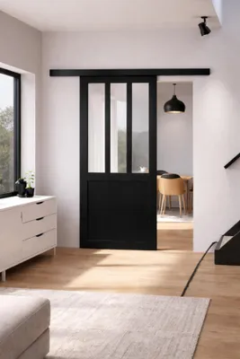 Immagine prodotto di Porta scorrevole da officina nera con vetro H204 x L83 cm, binario in alluminio nero, GD MENUISERIES