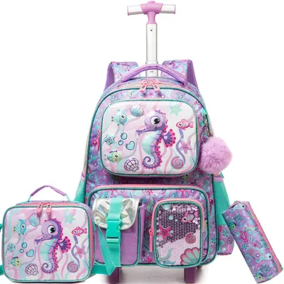 Produktbild von Schulranzen Trolley Mädchen Meerjungfrau Einhorn Rucksack mit Rollen 2. Klasse Lila 24L