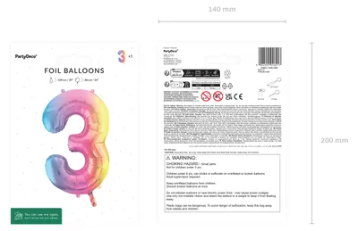 Produktbild von Folienballon Ziffer 3 Zahlenballon 86cm Pastell Bunt