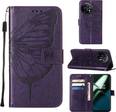 Produktbild von Lederhülle für OnePlus 11 Schmetterling Prägung Flip Ledertasche Kartenfächer Handyhülle mit Ständer Lila