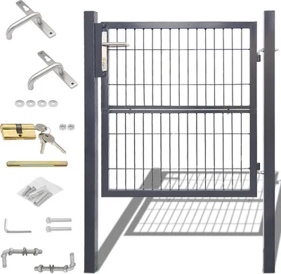 A garden gate and its accessories are displayed against a white background.