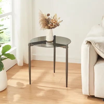 Produktbild von Beistelltisch 'Ulökantaa' Glastisch mit runder Tischplatte Ø50 x 50 cm Metallgestell Rauchglas, grau