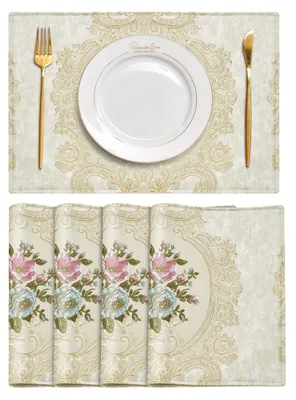 Immagine prodotto di Set di 4 sottopiatti con motivo floreale, lavabili, dimensioni 30x45 cm, color beige