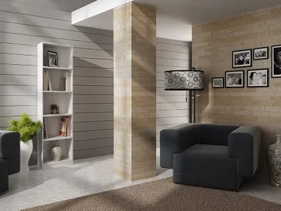 A modern living room with a white bookshelf, a dark armchair, and a floor lamp.
