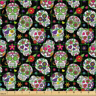 Produktbild von ABAKUHAUS Zuckerschädel Satin Stoff als Meterware, Allerseelen Tagesblumenbunte Schädel Blumen auf dunklem Hintergrund Druck, 1 M (148 x 100 cm), Mehrfarbig