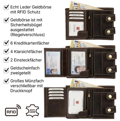 Produktbild von Leder Geldbörse Herren RFID Portemonnaie Echtleder Geldbörse Prägung mit Kette Braun