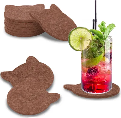 Produktbild von wortek Filz Untersetzer - Deko Tischset I Filzdeckel für Getränke, Tassen, Bar & Tisch, 8er Set I 10cm I Katzenform, Braun