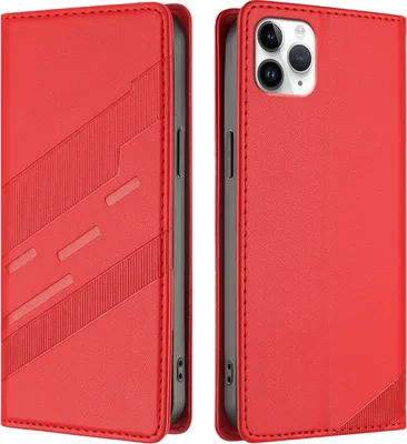 Produktbild von Hülle für iPhone 11 Pro Max, Kunstleder Brieftaschen Handyhülle mit Kartenfach und Standfunktion Rot