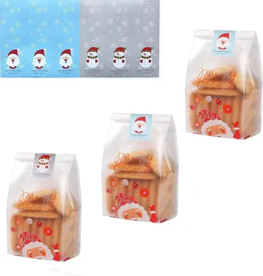 Weihnachts-Keksbeutel, 50 Stück, durchsichtig, mit Stickern