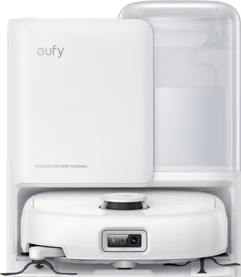 A white robot vacuum cleaner with its docking station.