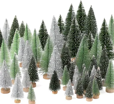 Produktbild von 34 Stück Weihnachtsdekorationen, Mini-Weihnachtsbäume, künstlicher Weihnachtsbaum, Flaschenbürstenbäume mit Holzsockel für Weihnachtsdekoration, Weihnachtsfeier, Heimtisch, Basteln