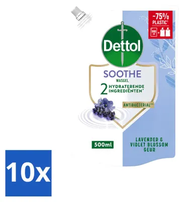 Obrázok produktu pre 10 kusov náplní do dávkovača mydla Dettol Soothe – vôňa levandule a fialiek – 500 ml – výhodný balík – 10 kusov