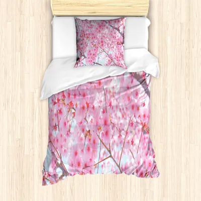 Produktbild von ABAKUHAUS Blumen Mantele, Japanische Sakura Blumen, Milbensicher Allergiker geeignet mit Kissenbezügen, 135 cm x 200 cm - 80 x 80 cm, Baby Pink