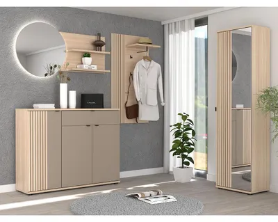 Produktbild von Garderobenmöbel Set mit Schuhschrank & Hakenpaneel in Eiche mit grau, Rillenoptik - PALADE-36