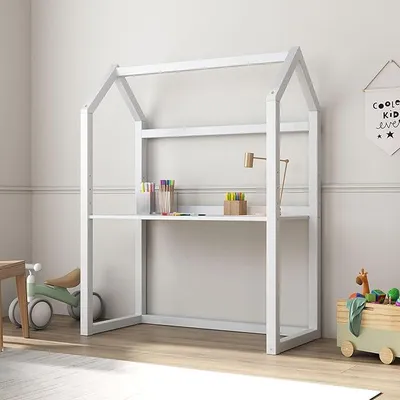 Produktbild von Kinderschreibtisch Tina in Hausform, weiß - höhenverstellbarer Schreibtisch für Kinderzimmer, mitwachsend und individuell anpassbar, aus Kiefer Massivholz