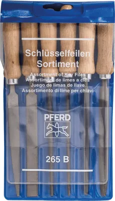 Produktbild von PFERD Schlüsselfeilen-Set mit Holzheft 6-tlg. 100mm Hieb 2 für filigrane Feilarbeiten (265 B), Datensatz, Ablängen, Aluminium, Messing, Eisenguss, Gussstahl, Kupfer, Stahl, Zink, Holz, Holz, 100 mm