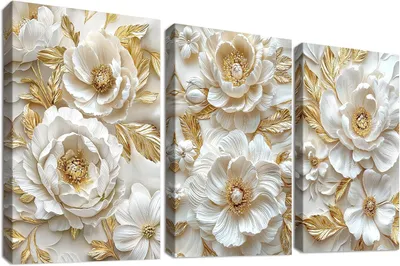 Produktbild von Leinwandbilder Wanddeko Set 3 Stück 50x70 cm Blumen Beige Gold