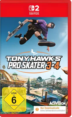 The cover art for Tony Hawk's Pro Skater 3+4 for Nintendo Switch, featuring a skateboarder in mid-air.