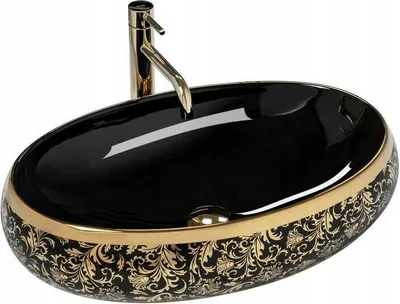 Produktbild von Waschbecken Waschplatz Keramik Aufsatzwaschen Waschtisch Keramikspüle Gold Schwarz Modern